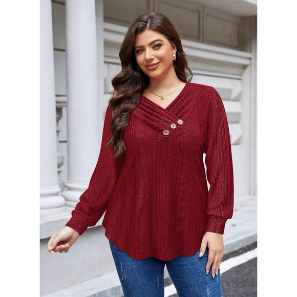 Plus Size Sweater Dressy Casual V-Neck Long Sleeve Pullover for Fall - Picture 3 of 6